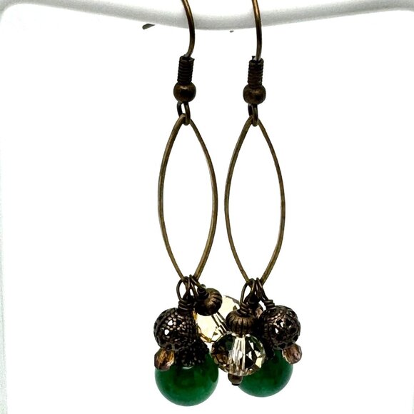 Handmade Green Gemstone & Bronze Dangle Earrings With Crystal Beads - Picture 2 of 7